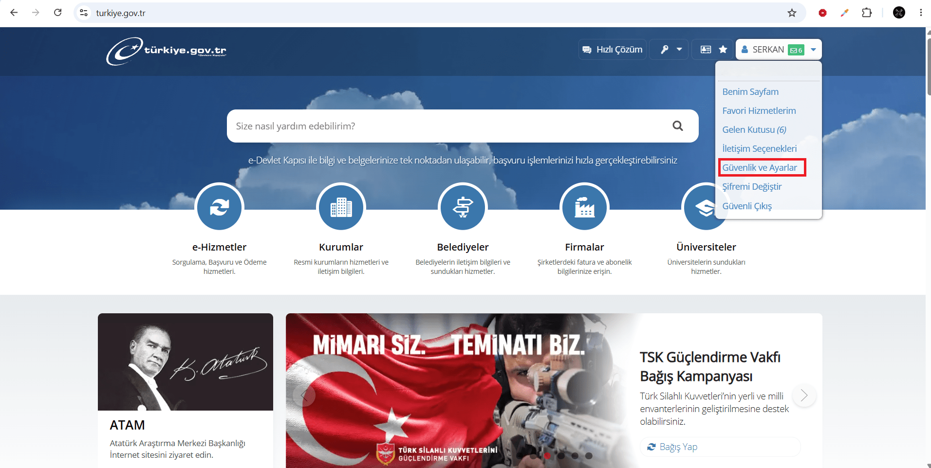 e-Devlet Kapısı kullanıcı menüsünde Güvenlik ve Ayarlar sekmesinin görünümü.