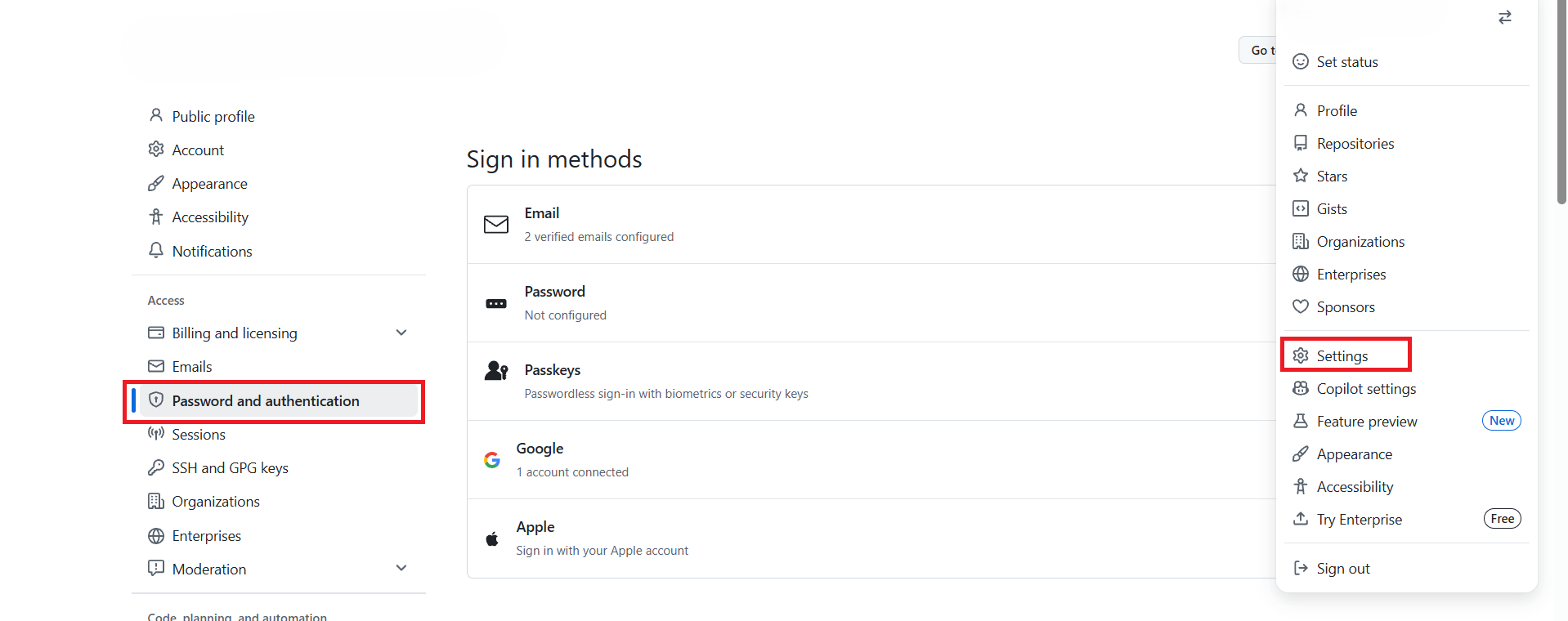 GitHub kullanıcı arayüzünde çok faktörlü kimlik doğrulama başlangıç ve güvenlik ayarları ekranı.