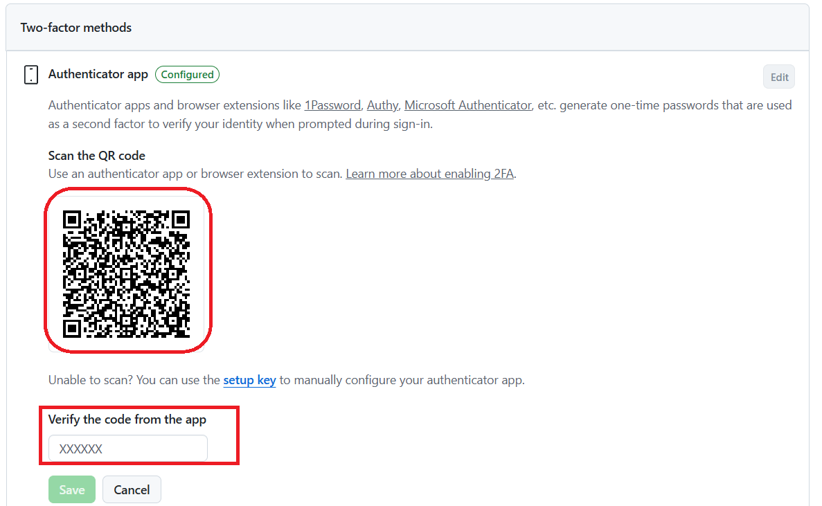 GitHub iki faktörlü kimlik doğrulama arayüzünde TOTP uygulaması için QR kod eşleştirme ve kod doğrulama ekranı.