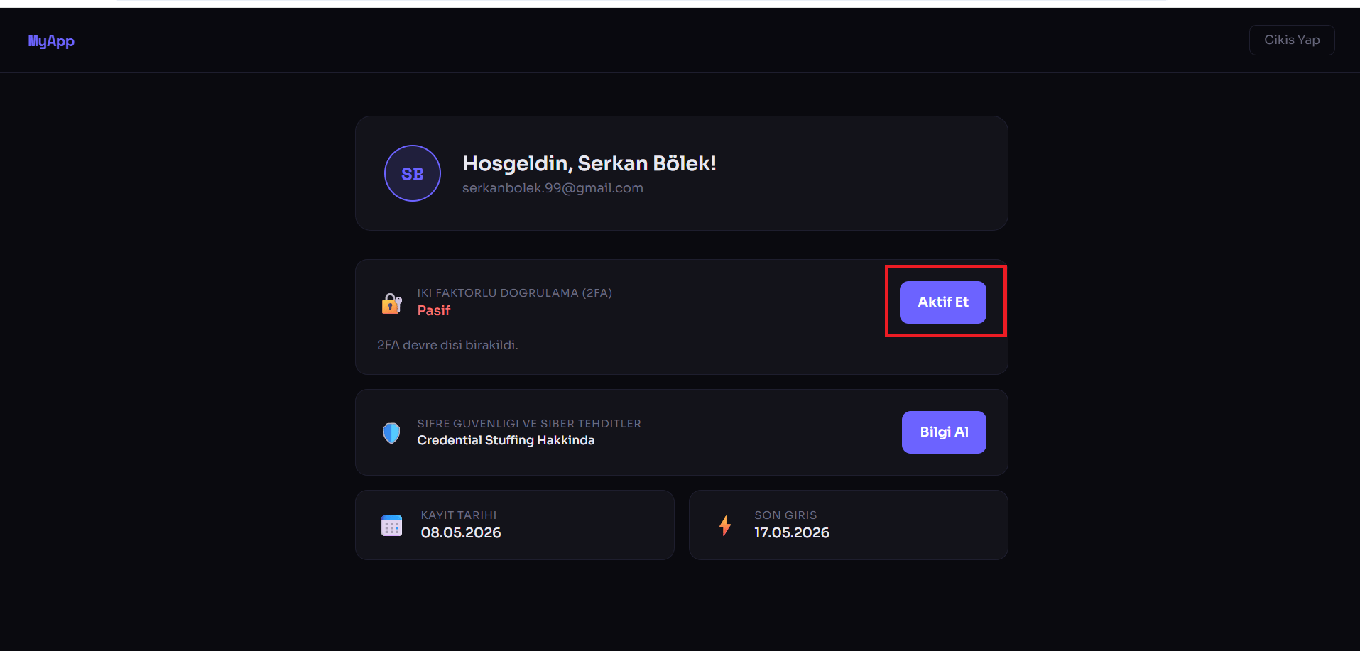Geliştirilen özgün mobil uygulamanın kullanıcı profil paneli ve iki faktörlü doğrulama aktivasyon arayüzü.