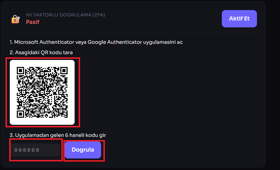 Geliştirilen özgün mobil uygulamada Microsoft ve Google Authenticator için QR kod eşleştirme ve 6 haneli doğrulama kodu giriş arayüzü.