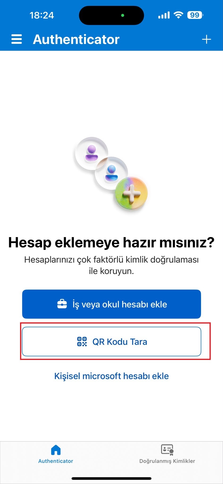 Microsoft Authenticator mobil uygulaması hesap ekleme ve QR kodu tara başlangıç arayüzü ekranı.