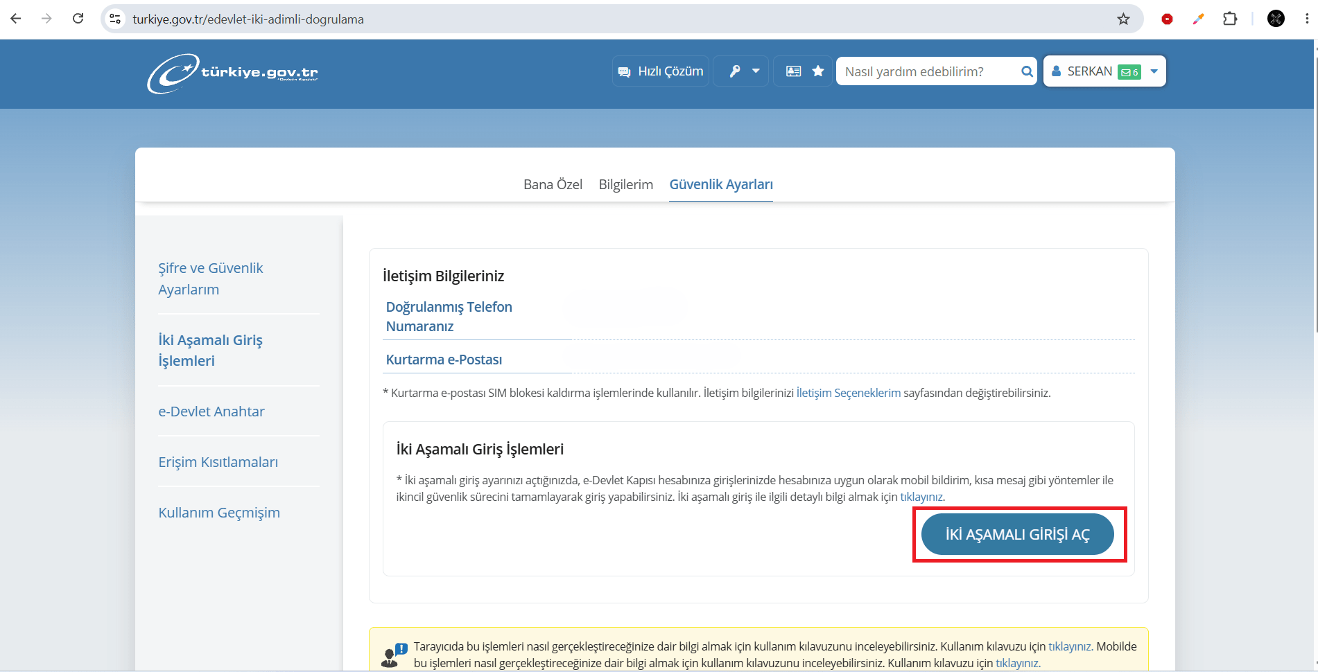 e-Devlet Kapısı İki Aşamalı Giriş İşlemleri yönetim paneli arayüzü.