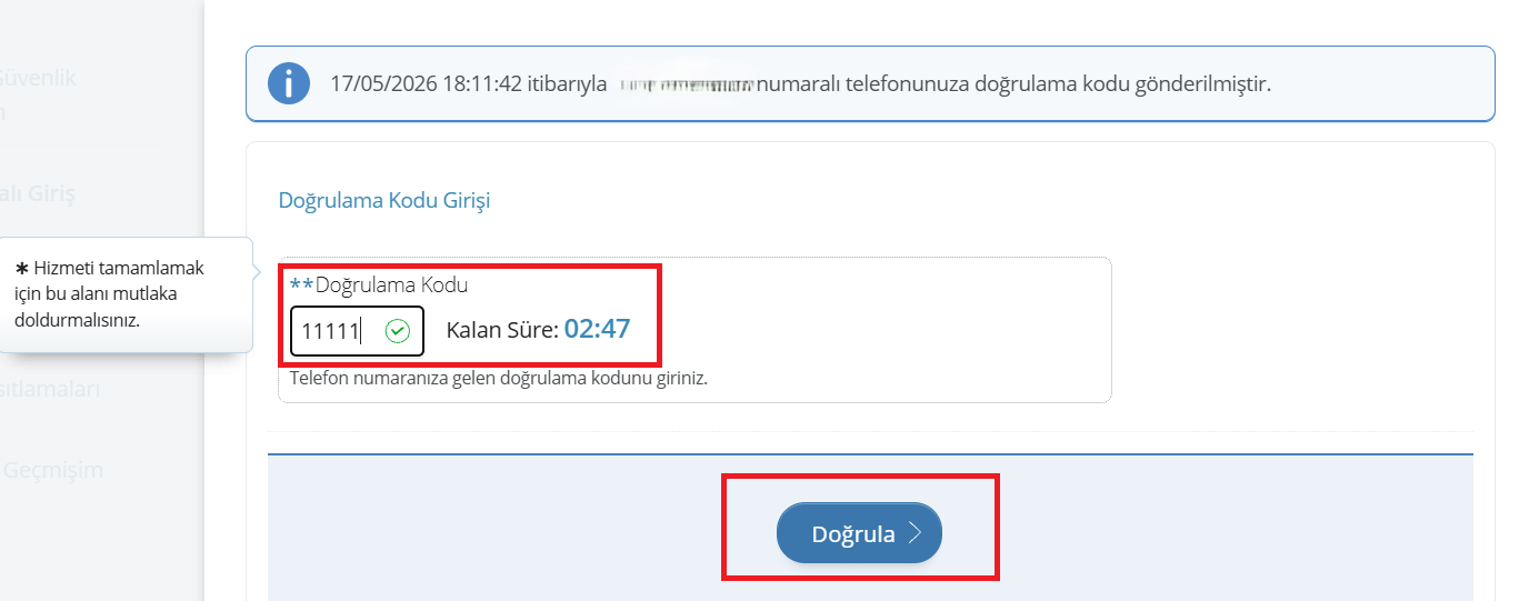e-Devlet Kapısı iki aşamalı doğrulama SMS kod giriş ekranı arayüzü.