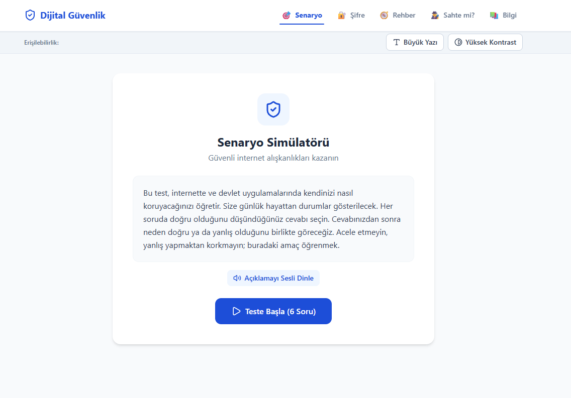 Dijital Güvenlik Simülatörü uygulamasının senaryo testi ana ekranı
